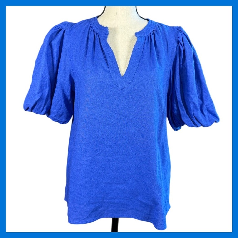 CeCe Women's Blue Puff Sleeve Linen Blend V-Neck Blouse‎ Top Size Small